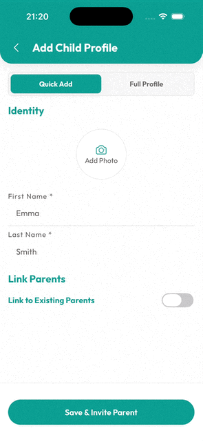 GIF: Completing the Quick Add flow to add a child profile
