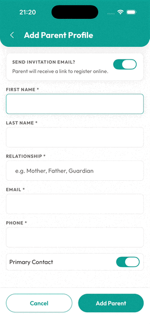 GIF: Inviting a parent to the child's profile