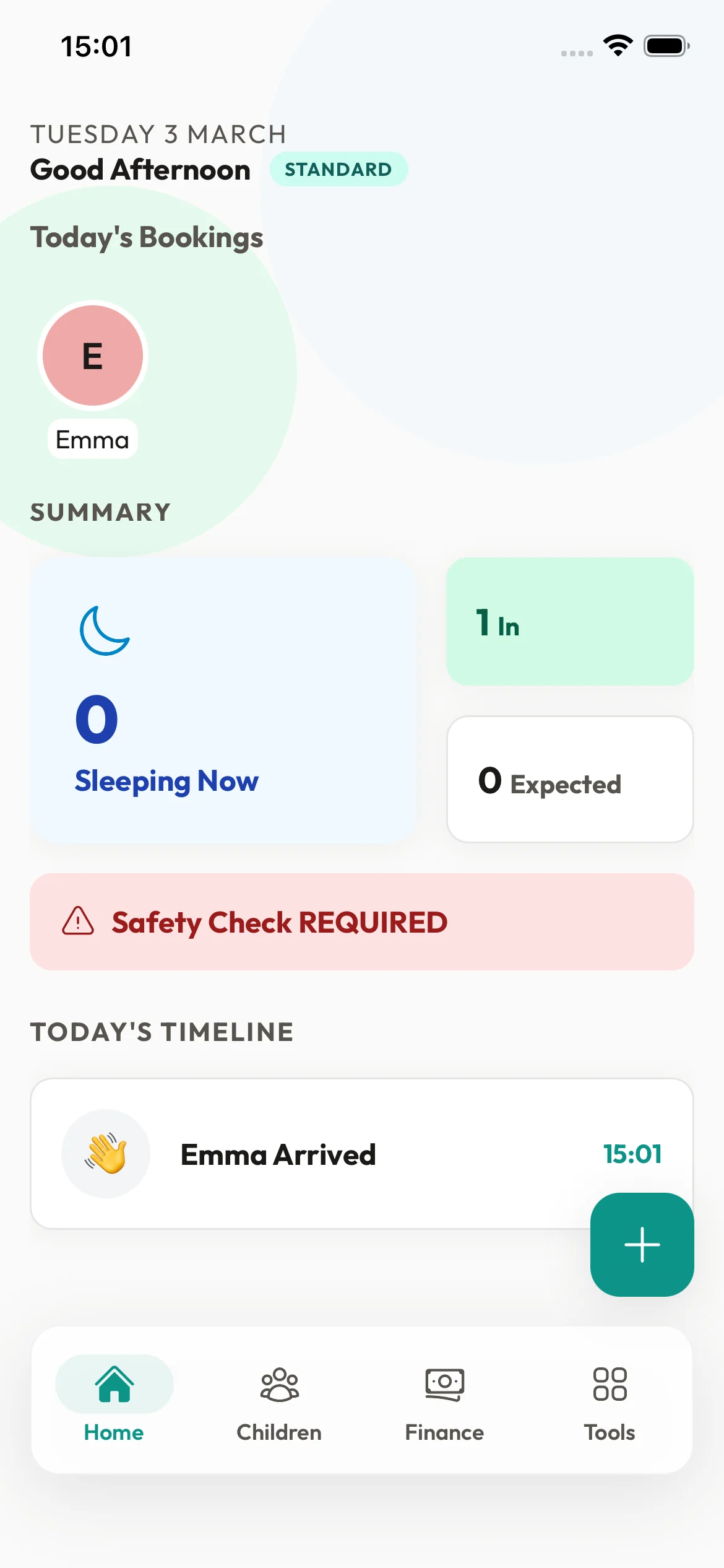KinderStart Dashboard - Today's bookings and summary
