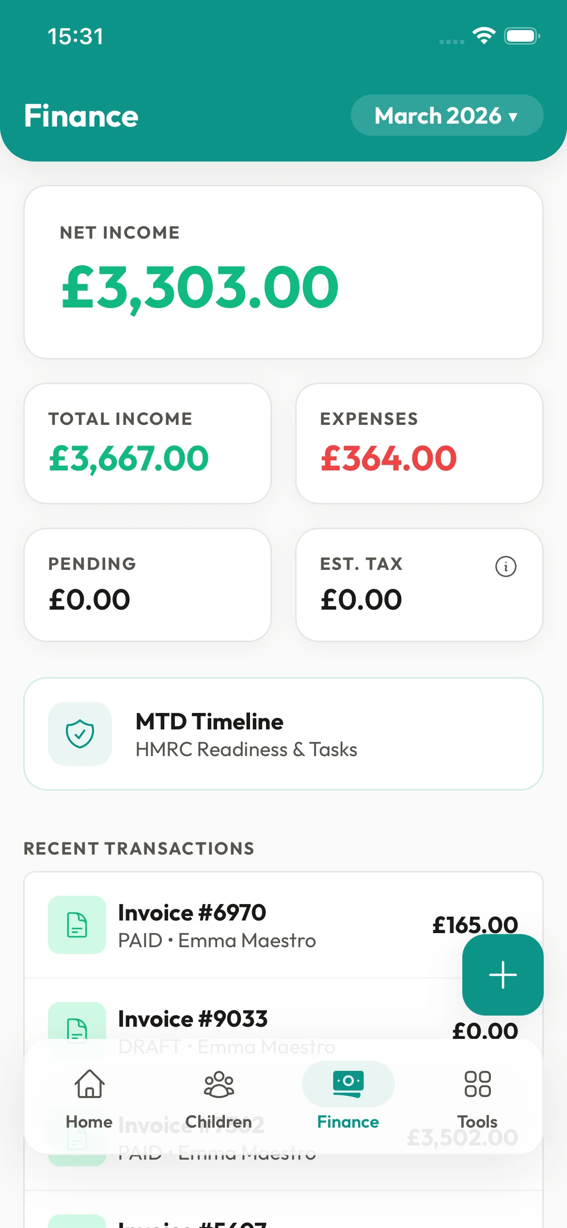 KinderStart Finance - Real-time income and tax tracking